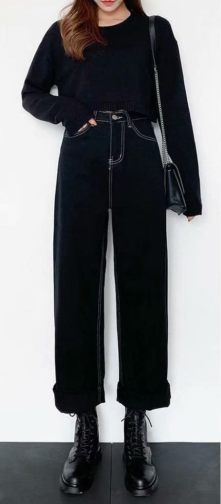 Hanji - Hoge taille contrasterende gestikte losse jeans
