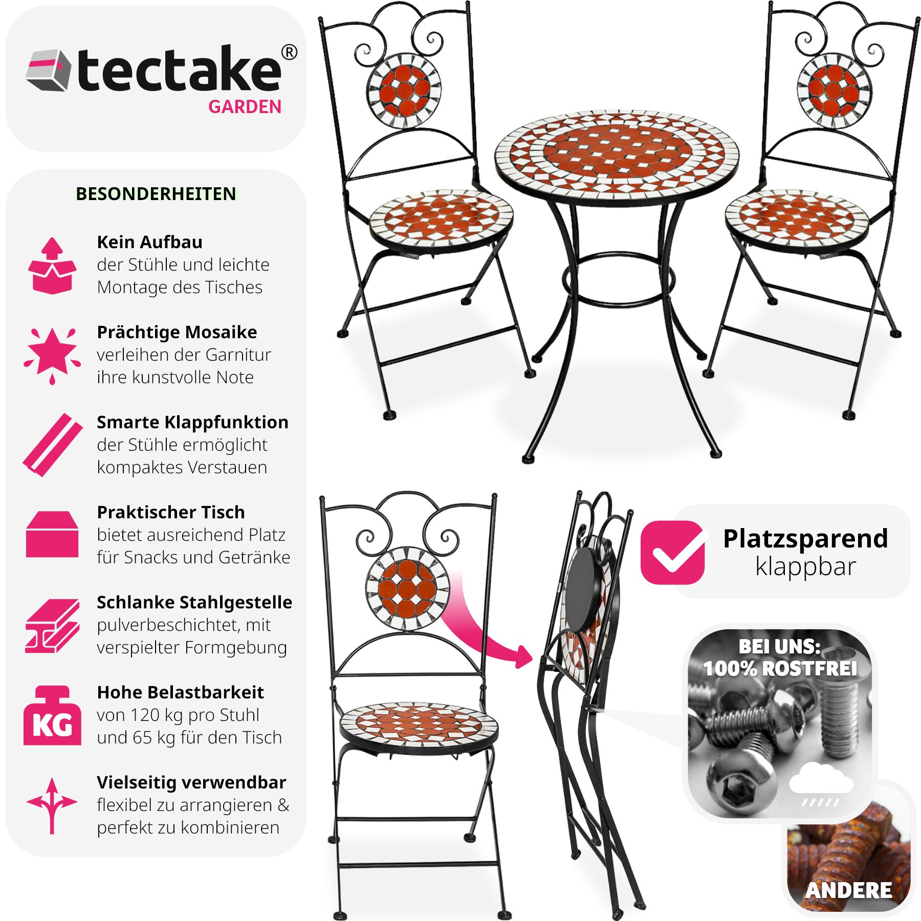 tectake® Mosaik-Gartengarnitur, für 2 Personen, hohe Belastbarkeit, filigranes Design