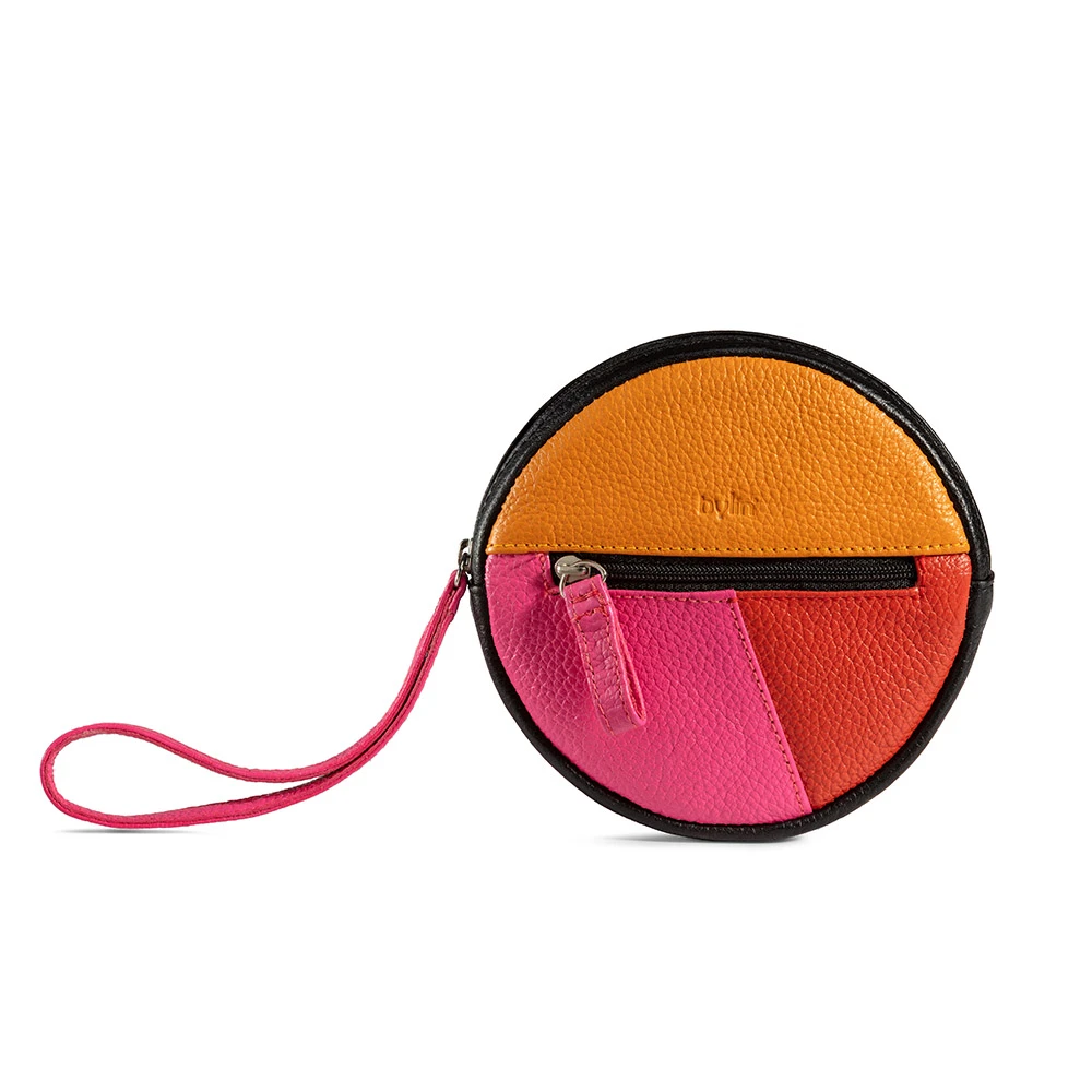 Round Purse Multi Structure Leather Pink-Yellow-Orange