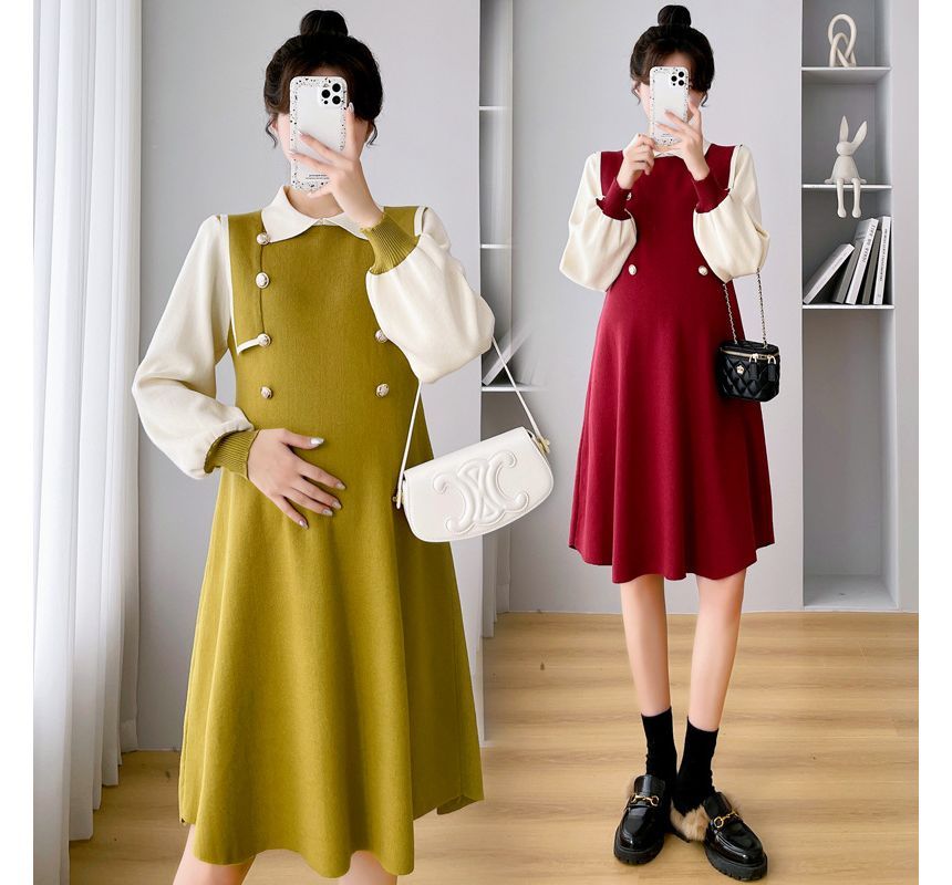 Levsayte - Zwangerschapskleding met hoge taille, effen cropped leggings / lange mouwen, kraag en tweekleurige truijurk / set