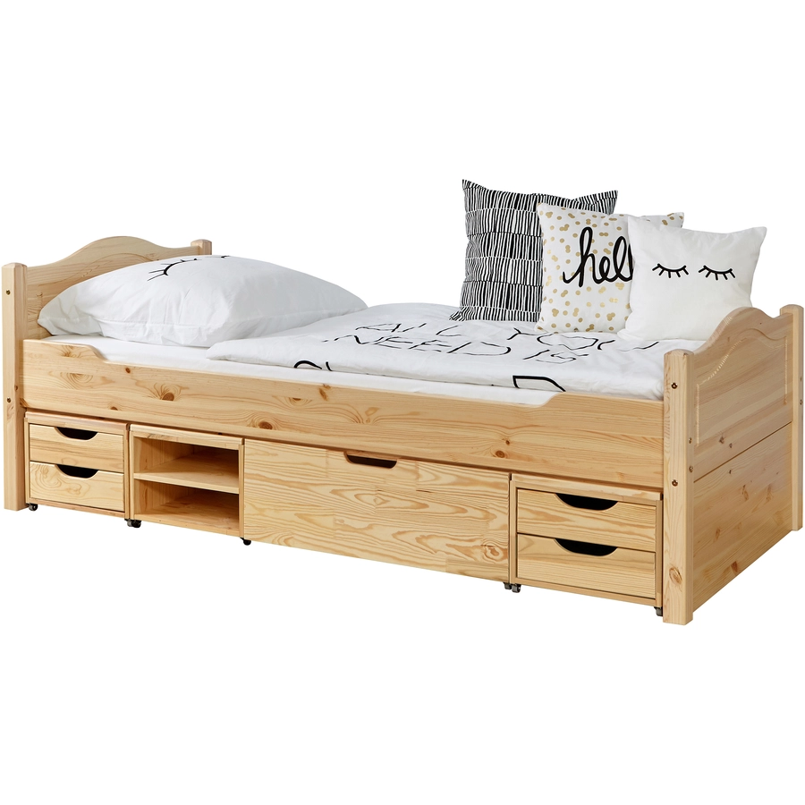 TiCAA Einzelbett Leni 90 x 200 cm Kiefer natur mit 4 Funktionsschubladen