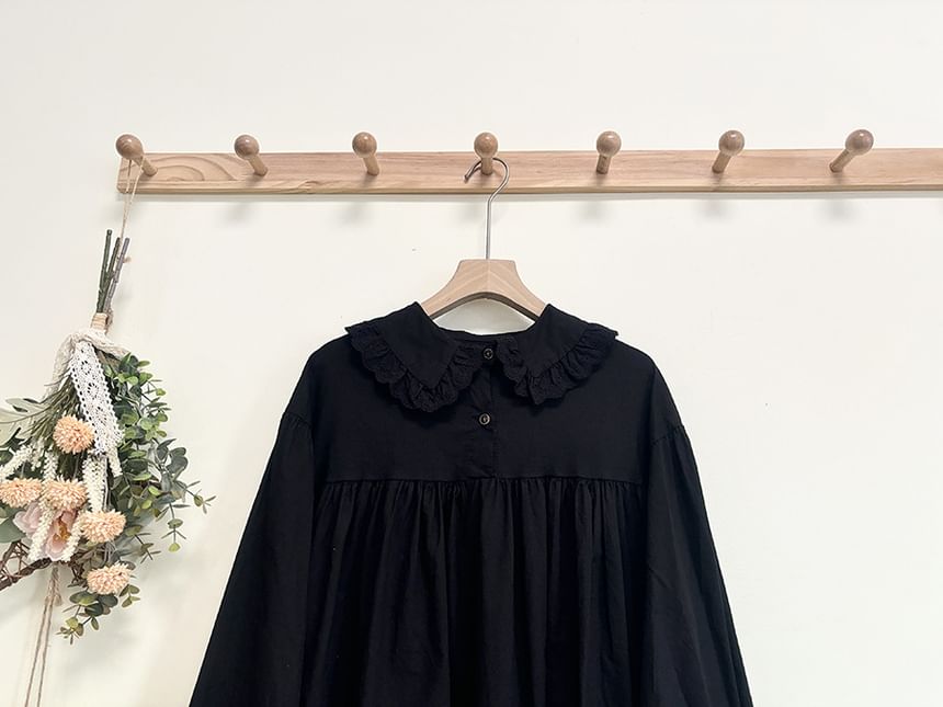 Santeh - Midi-jurk met lange mouwen, kraag, effen ruches en A-lijn