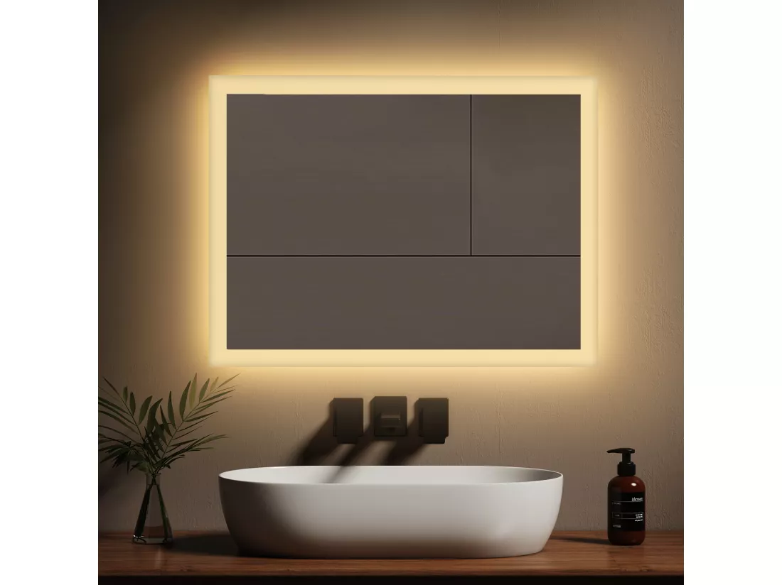 EMKE Miroir lumineux salle de bain 80x60cm, Miroir LED salle de bain, Miroir avec l'éclairage, Lumière Chaude