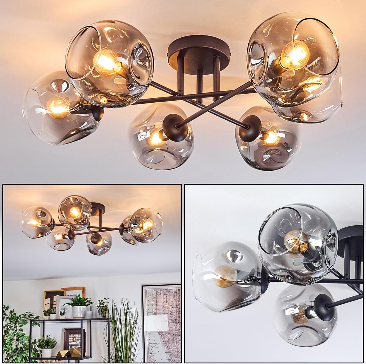HOFSTEIN Deckenleuchte Ripoll, 6-flammige Deckenlampe aus Metall/Glas in Schwarz/Rauchfarben/Klar, moderne Leuchte im Retro/Vintage-Design (Ø Schirme 15 cm), E14, Esszimmer, Küche, Wohnzimmer