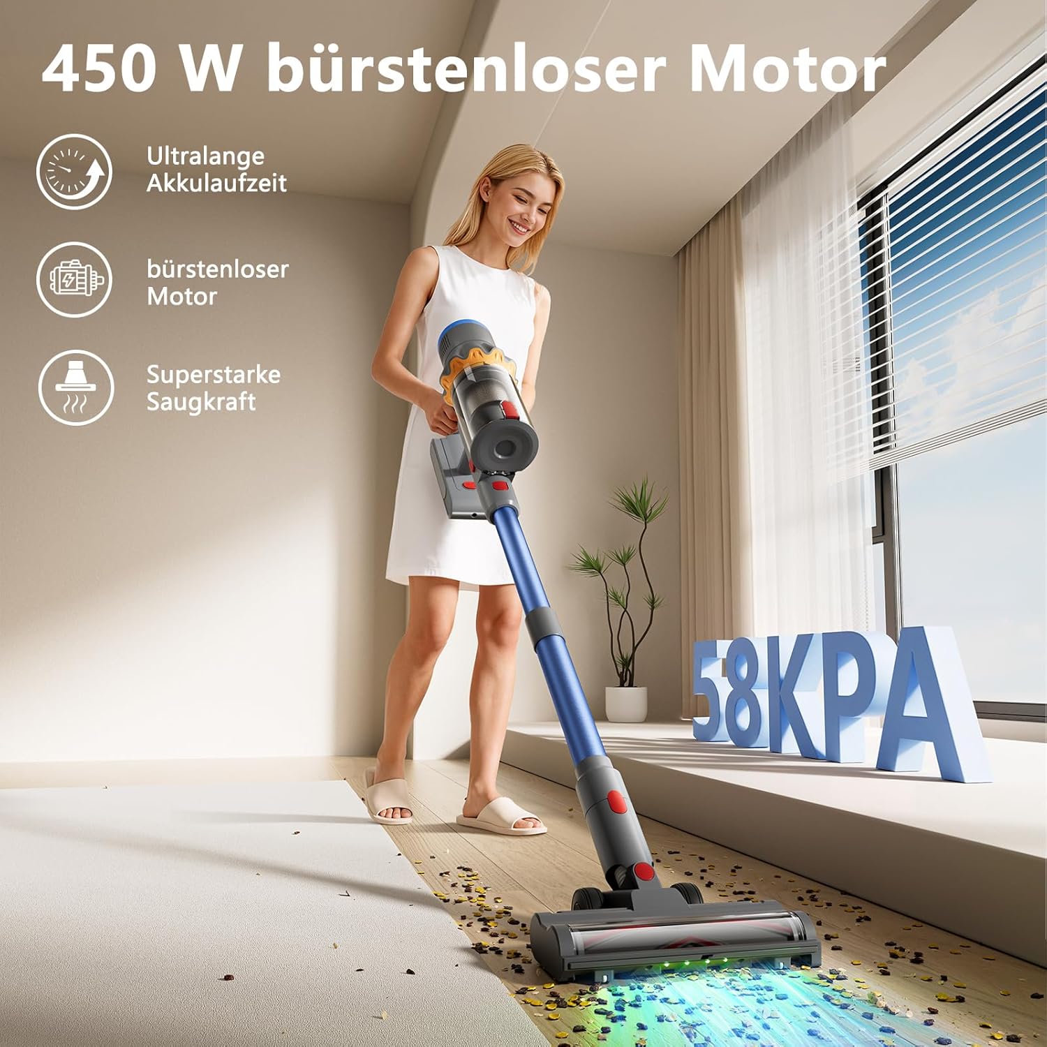Akku Staubsauger, 58000Pa/450W/65Min Staubsauger Kabellos, Akkustaubsauger mit Display & Grün LED, Akku Stabstaubsauger Kabellos Ultraleise, Cordless Akkusauger für Tierhaare/Teppiche/Boden/Auto
