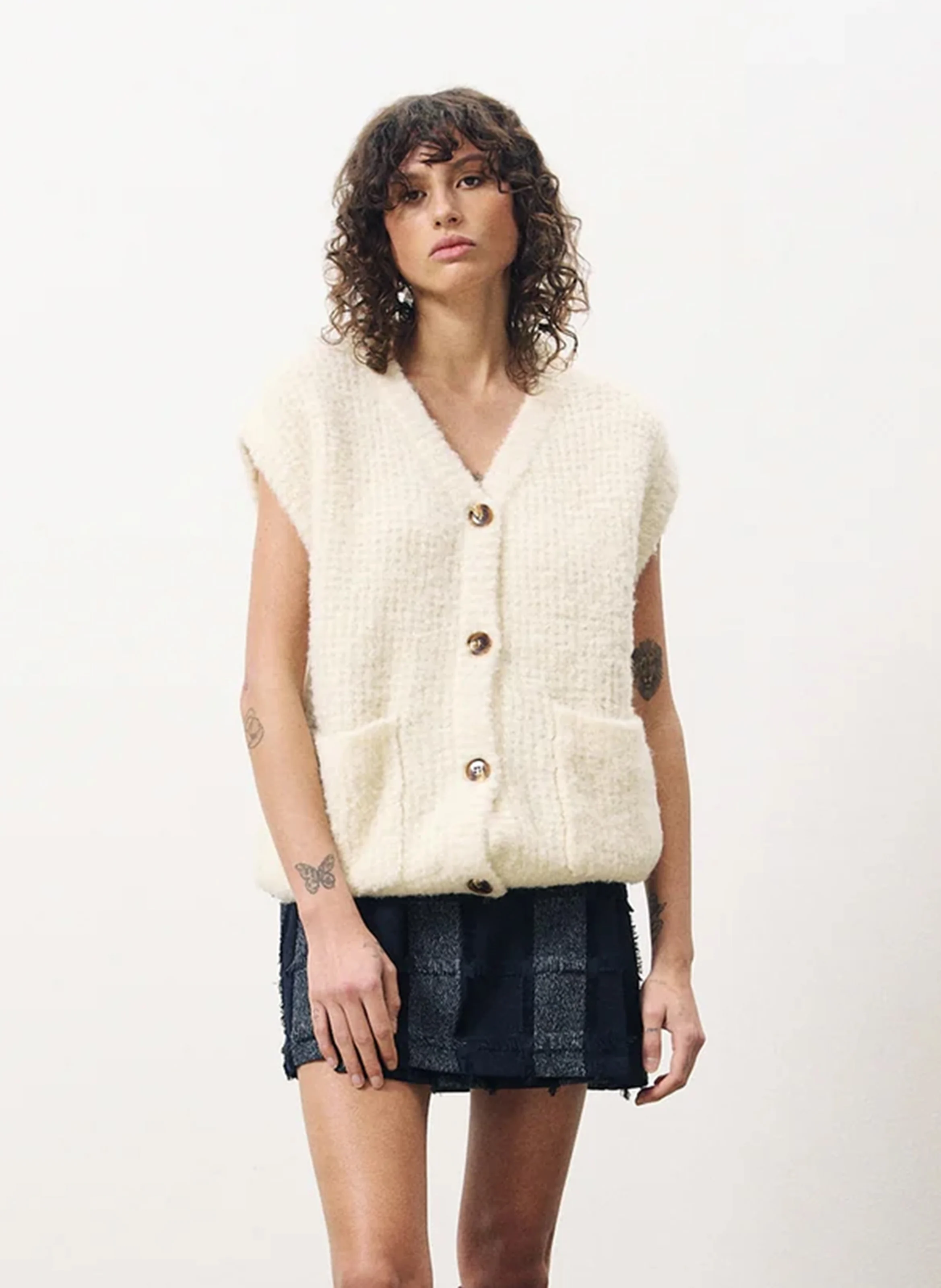 MAGALY - Gilet sans manches en maille bouclette | Beige
