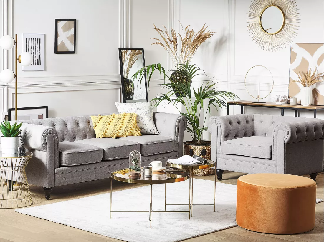 Ensemble canapé et fauteuil en tissu gris clair 4 places CHESTERFIELD