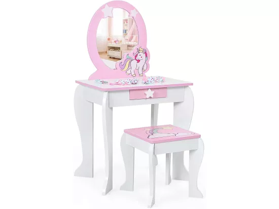 Coiffeuse pour enfant table de maquillage avec tabouret, 1 tiroir de rangement style princesse