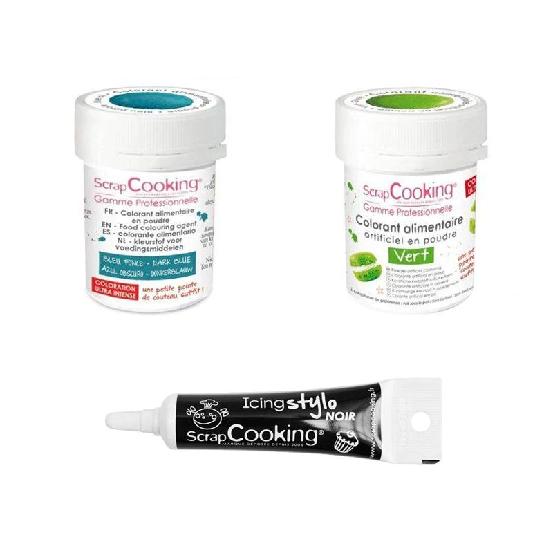2 colorants alimentaires vert-bleu foncé + Stylo glaçage noir Scrapcoo