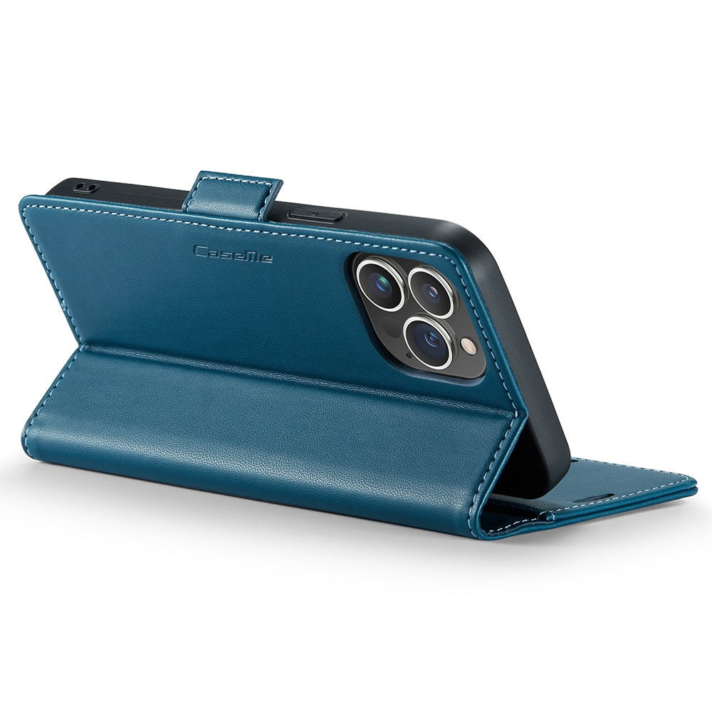 iPhone 15 Pro Leder Tasche Flip Wallet Etui mit Kartenfächern Litchi Look (RFID Schutz) - Blaugrün