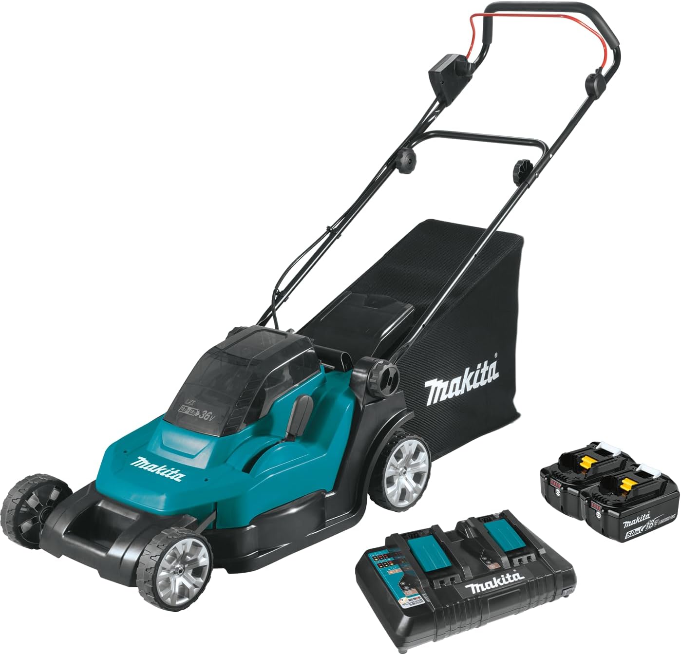 Makita DLM432PT2 Akku-Rasenmäher 2x18 V / 5,0 Ah, 2 Akkus + Doppelladegerät