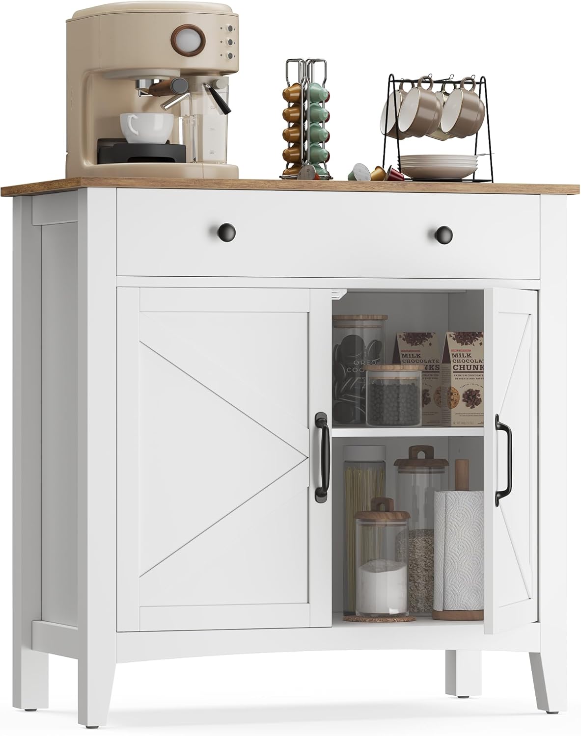 VASAGLE Küchenschrank, Sideboard mit Schubladen, Aufbewahrungsschrank mit Türen, verstellbare Ablage, Landhausstil, für Wohnzimmer Küche, 40 x 80 x 80 cm, wolkenweiß-honigbraun BBK341W02 GP8516614