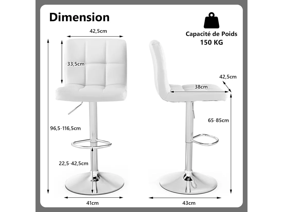 Tabouret de bar, pivotante, hauteur réglable 65-85 cm, repose-pieds,avec dossier (Blanc,1)