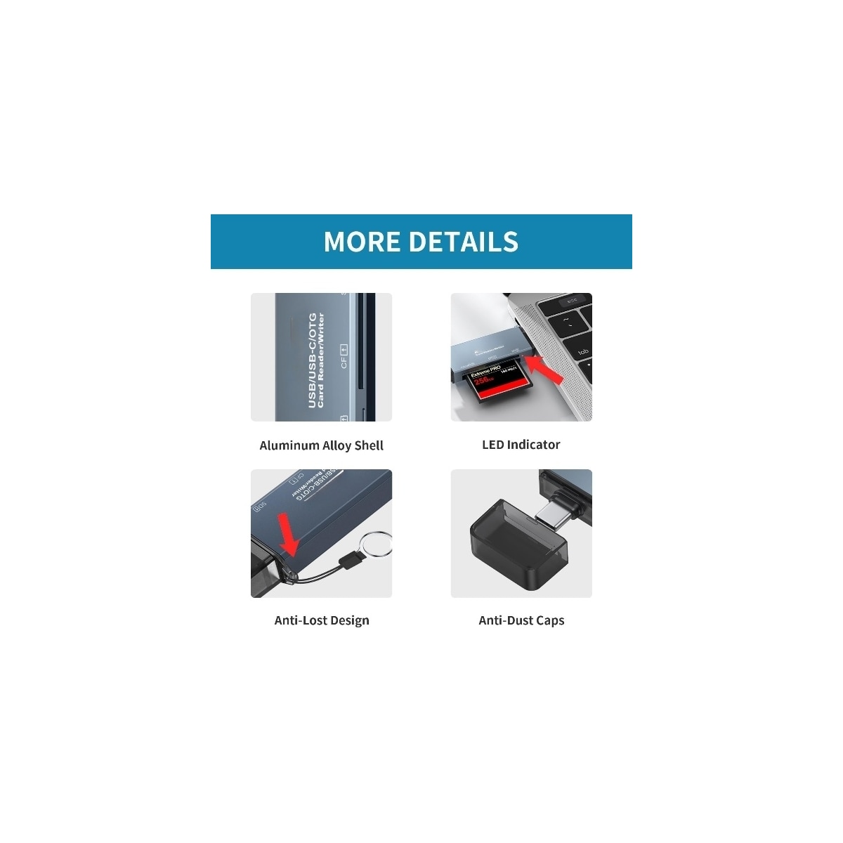 NÖRDIC USB-A, USB-C kortleser 3 spor CF, SD, MicroSD UHS-I