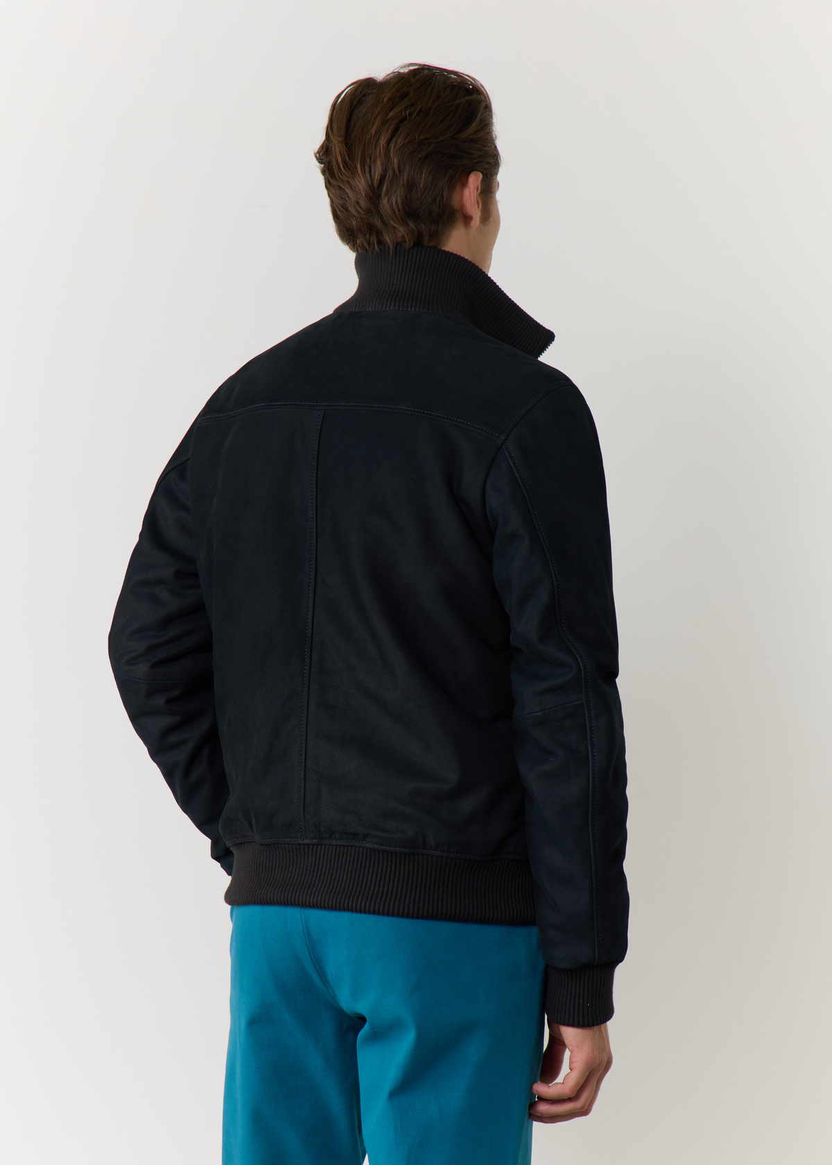 Blouson en cuir nubuck uni bleu marine