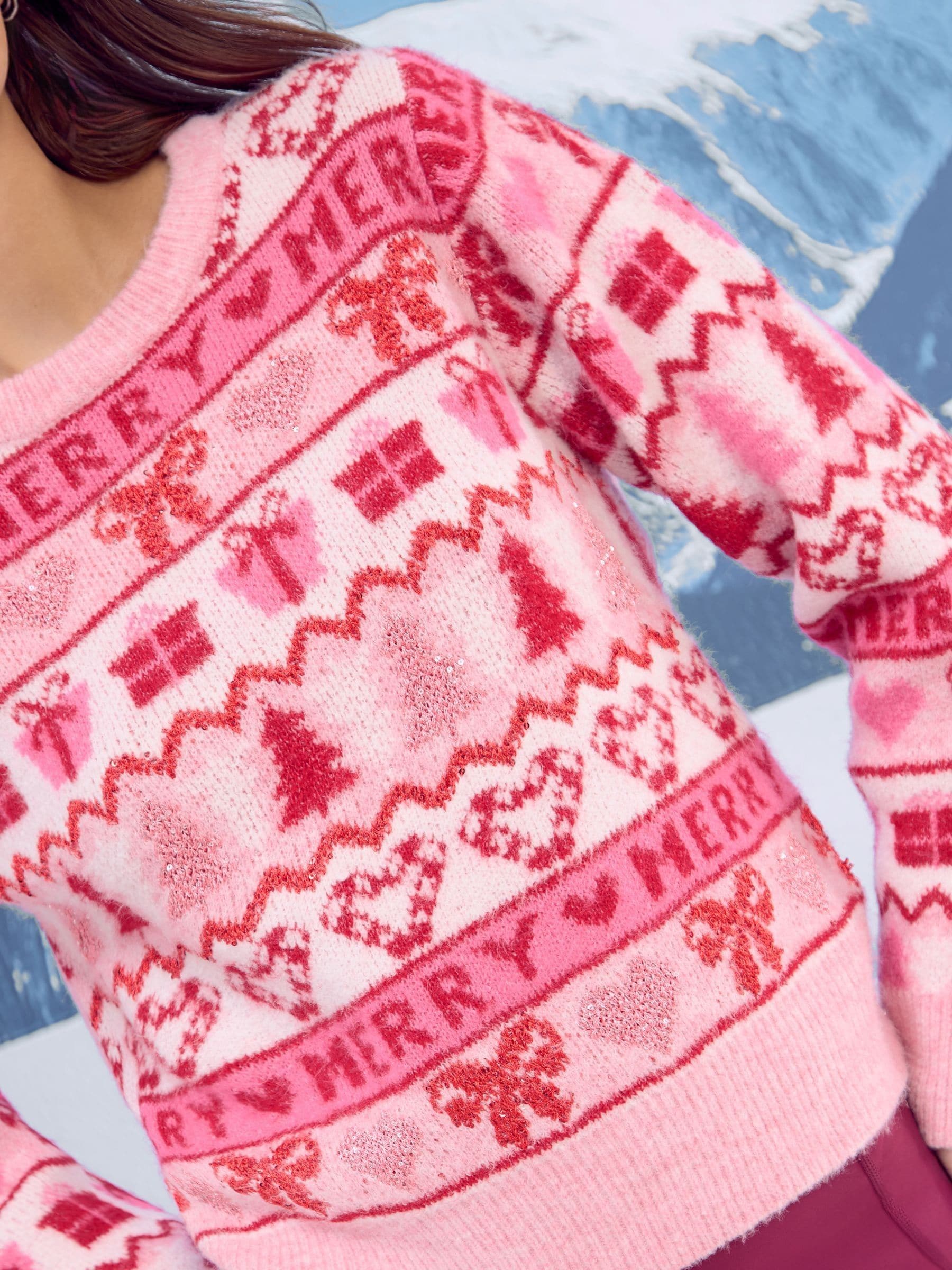 Roze Fairisle Merry - Lipsy Christmas Crew Neck Cosy Knitted Jumper