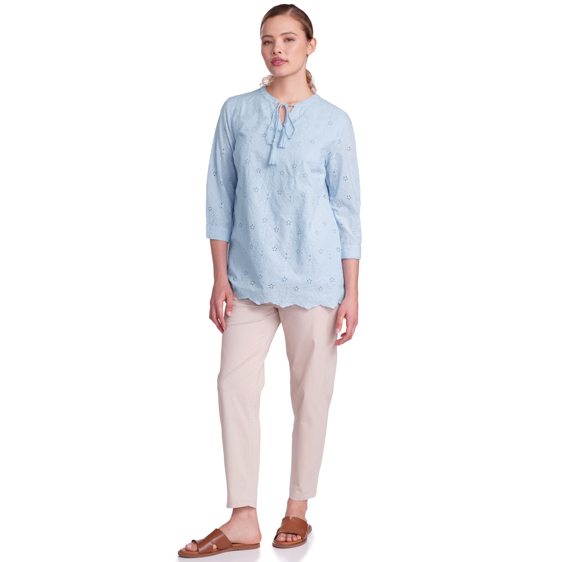 Gina Damen Bluse mit Lochstickerei hellblau