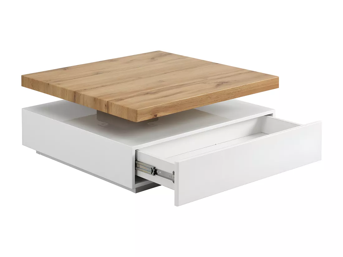 Table basse pivotante avec 1 tiroir en MDF - Blanc et Naturel - KYRIA