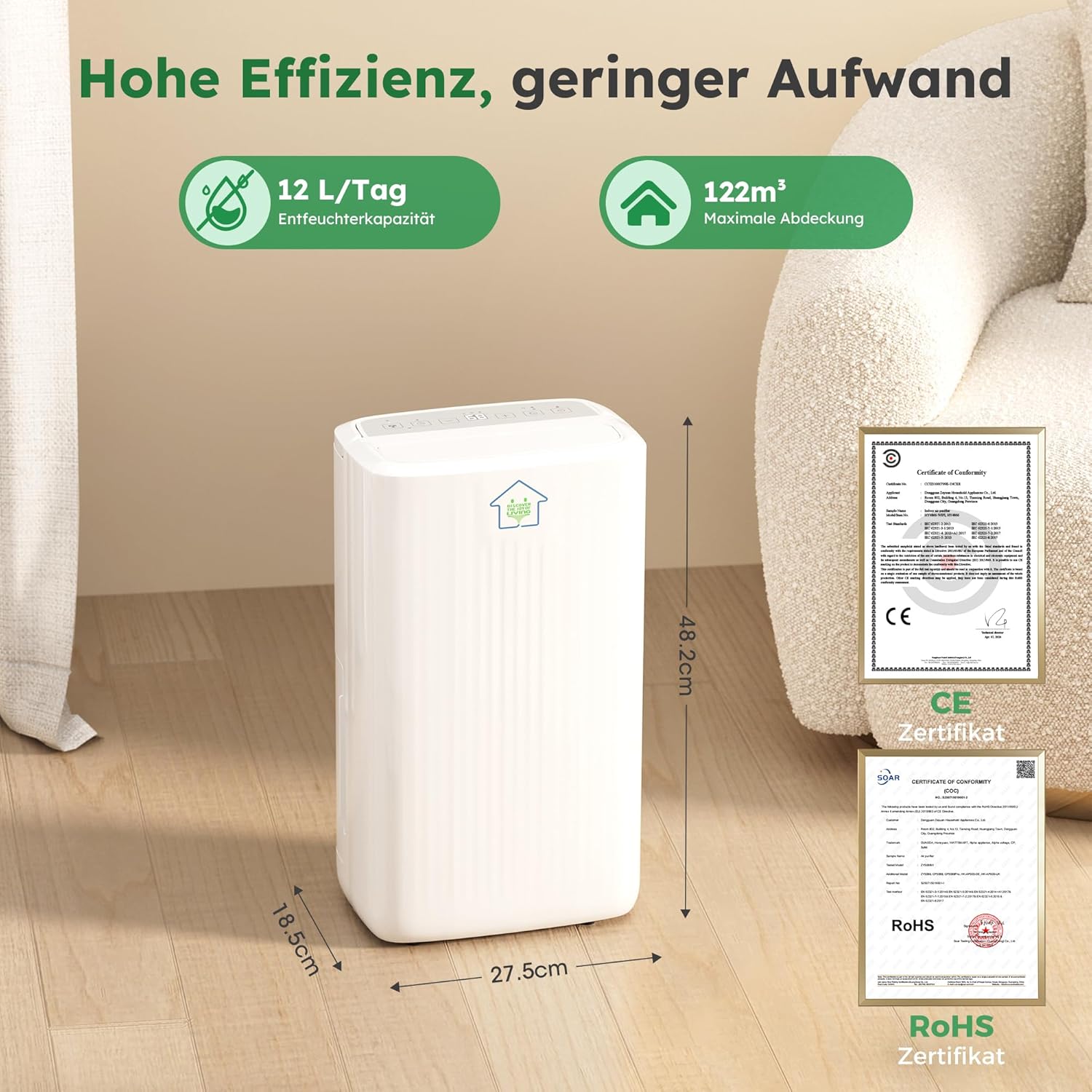 Luftentfeuchter Elektrisch 12L, 122m³, Entfeuchter Elektrisch für Keller 36dB Leiser Raumentfeuchter, 3 Modi, Wäschetrockner & 24h Timer, für Schlafzimmer & Bad