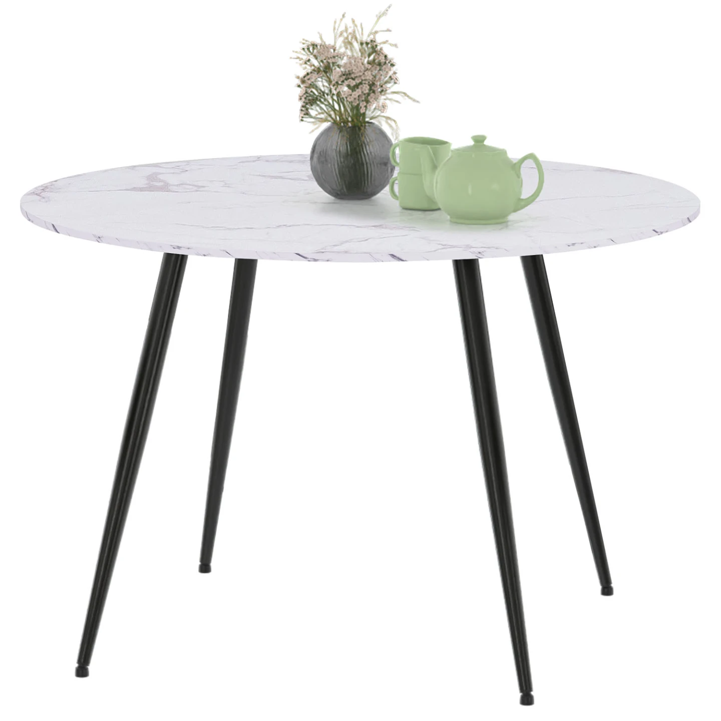 Table à manger ronde AMELIA 4 personnes effet marbre blanc ALASKA pieds métal noir 110 cm