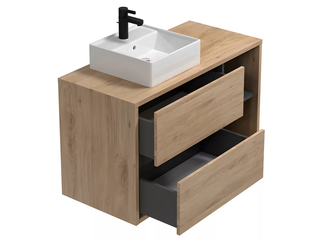 Meuble de salle de bain suspendu avec vasque carrée et armoire de toilette - coloris naturel - 100 cm - PURNAL