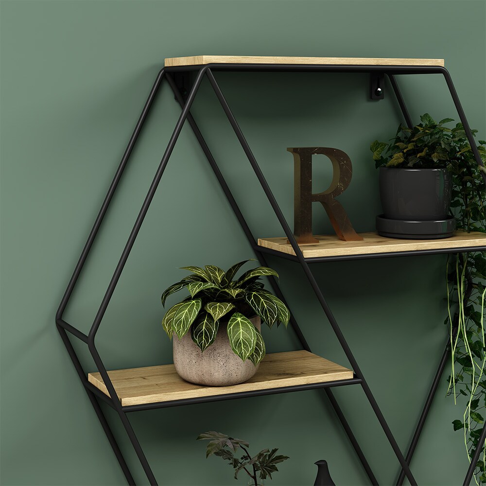 Vicco Wandregal Fyrk, hexagon, 51 x 52 cm, Eiche Schwarz, Metall, Hängeregal, Industrial