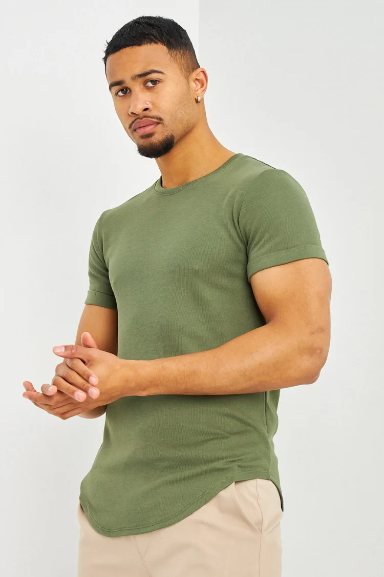 T-shirt côtelé kaki manches courtes à revers