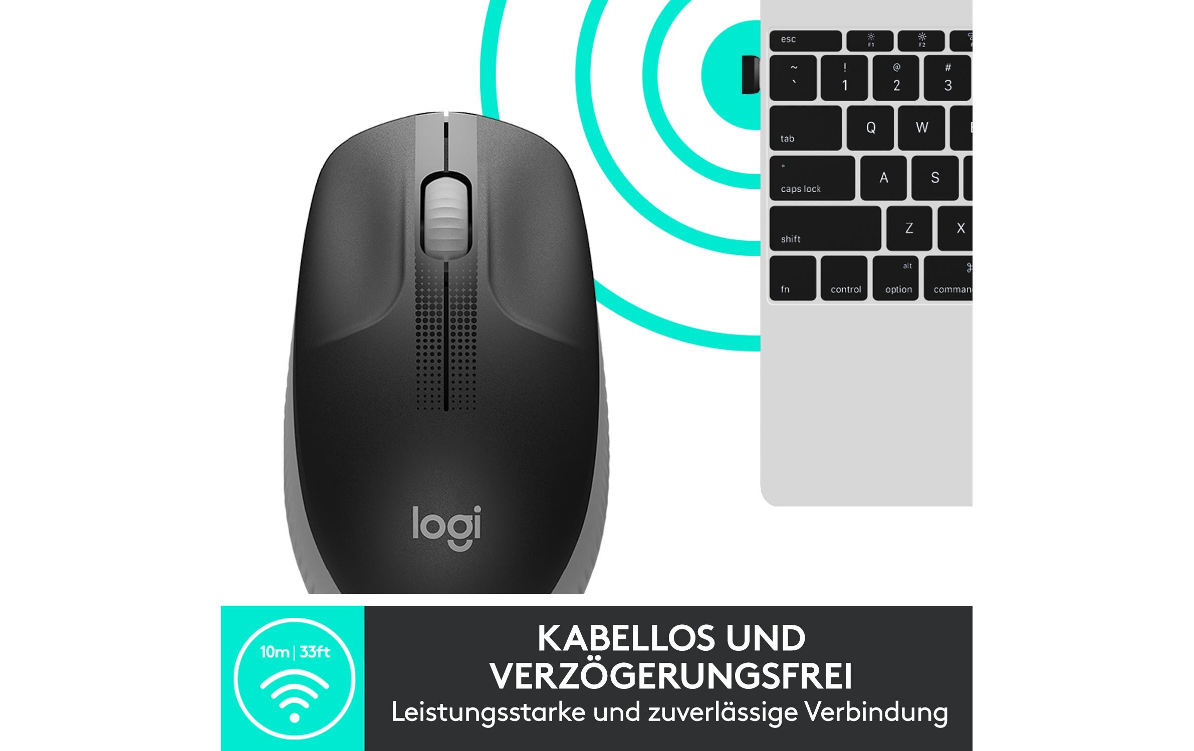 Maus M190 Grau/Schwarz, kabellosUniverselle Arbeitsmaus für alltägliche Büroarbeiten