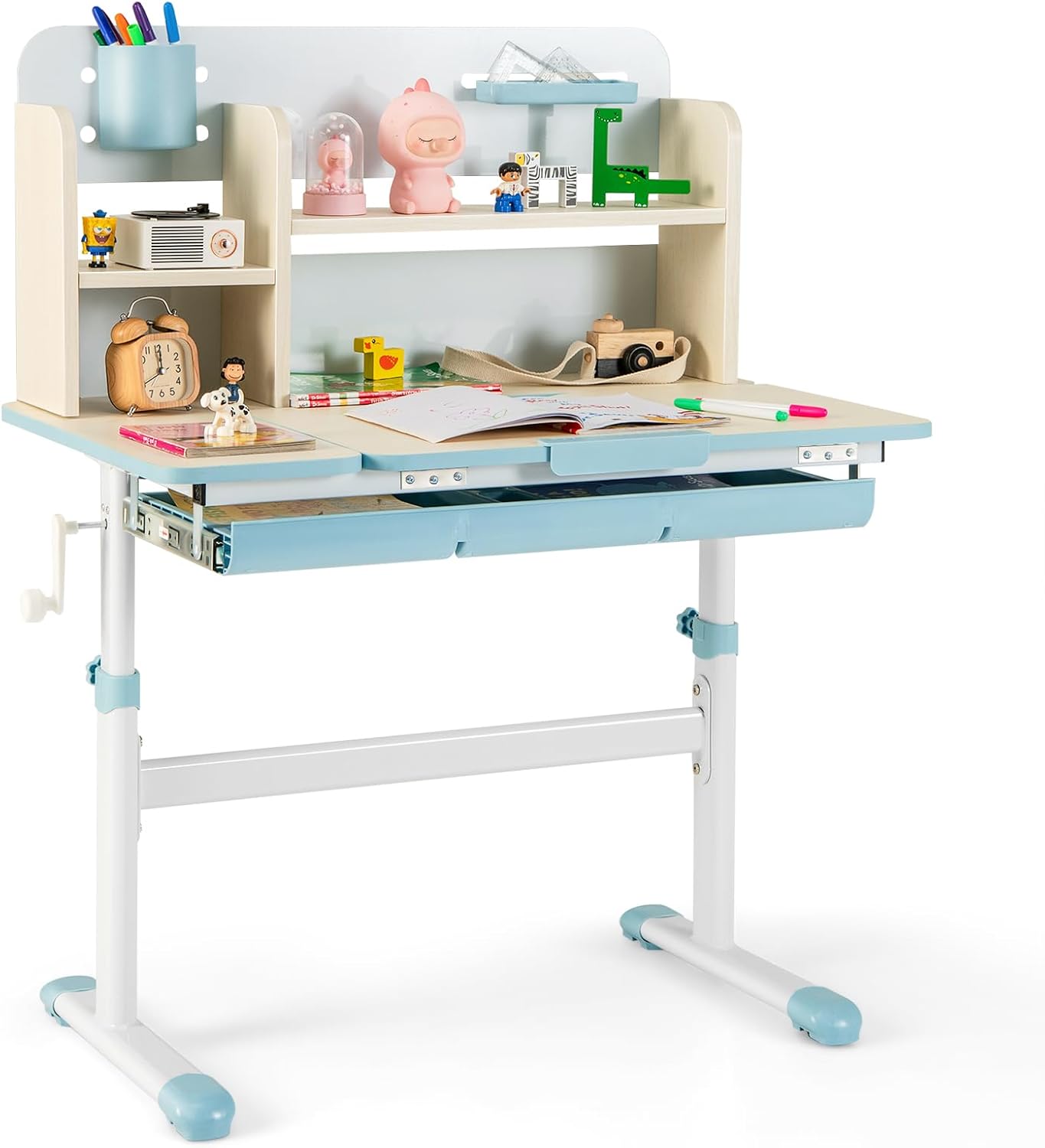 COSTWAY Kinderschreibtisch höhenverstellbar, Schreibtisch Kinder mit neigbarer Tischplatte, Regalen & Schublade, Jugendschreibtisch Schülerschreibtisch für 3-12 Jahre Kinder, 80 x 51 x 110,5cm (Blau)