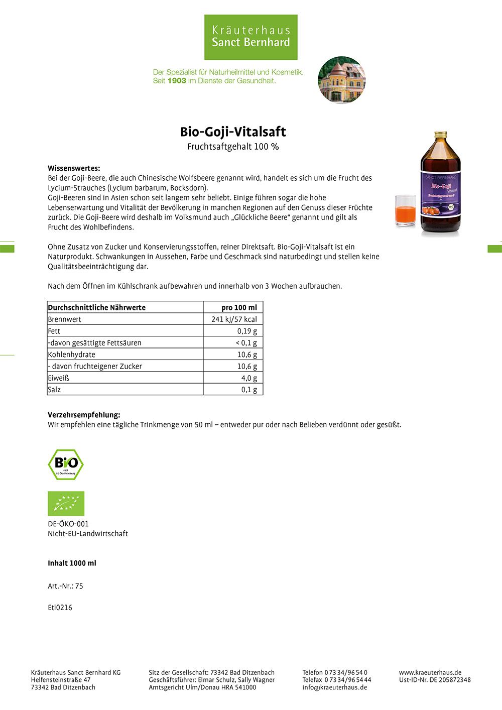 Sanct Bernhard Bio-Goji-Vitalsaft