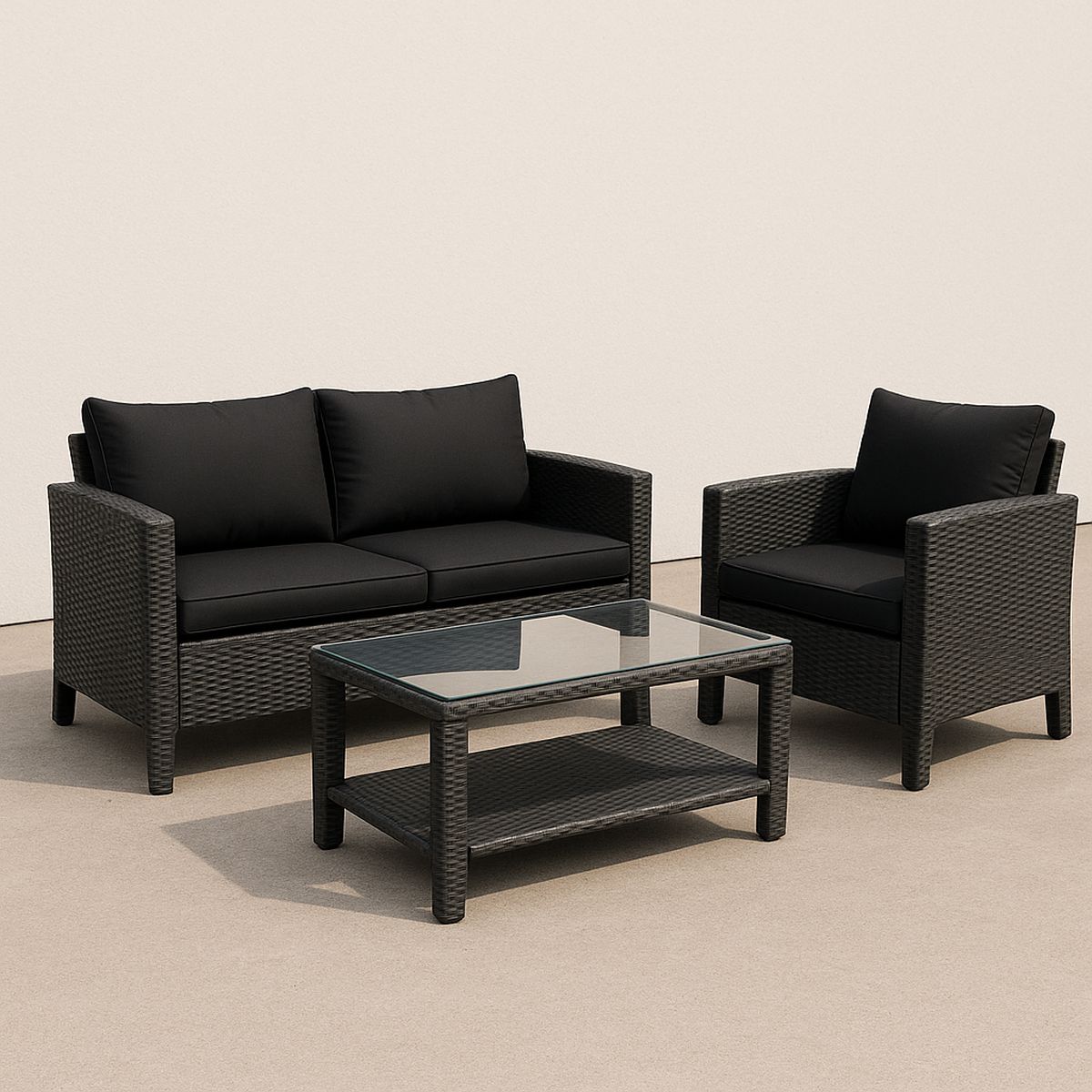 Gartenmöbel Set Rattan Schwarz Glasplatte