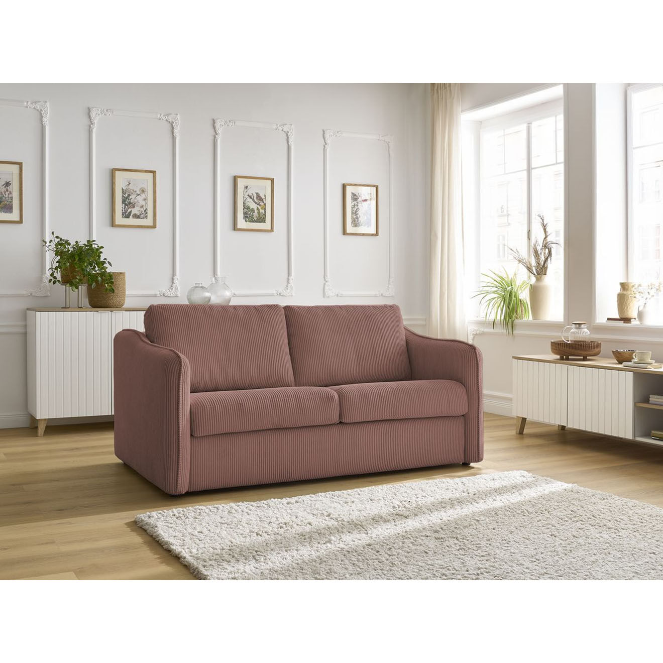 Bobochic Canapé droit convertible express en Velours côtelé 3 places Lenny rose - 178x102x89 cm