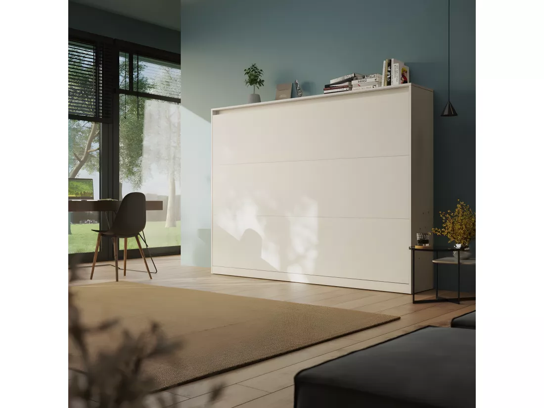 Armoire Lit escamotable 140x200cm Blanc Horizontal Lit Rabattable Lit Mural C*Adore