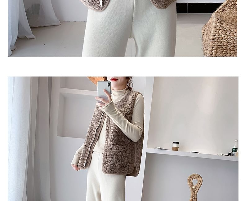 Acoustic Rain - V-hals vest met rits en effen imitatiebont