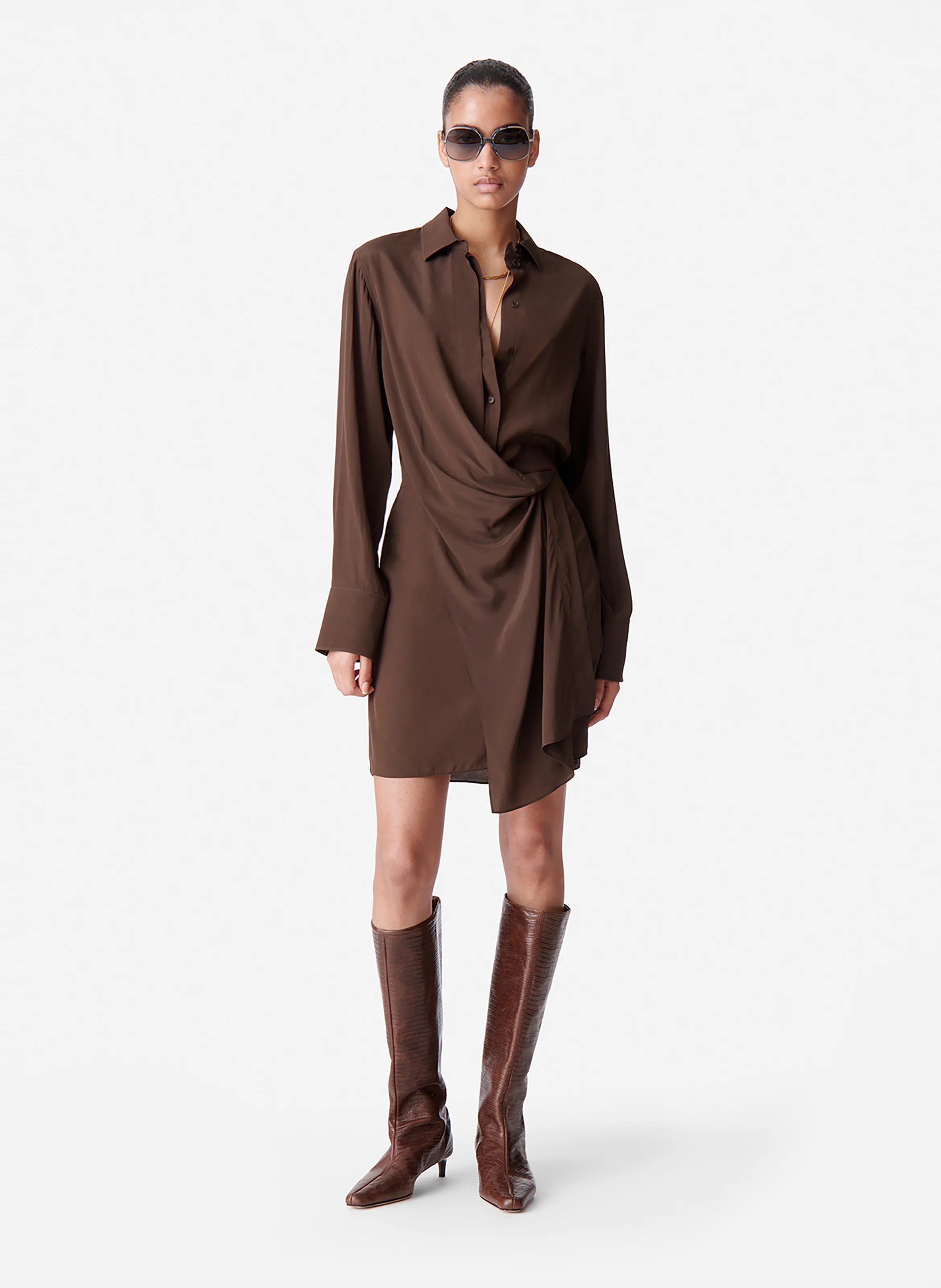 DEMI - Robe chemise courte drapée| Marron
