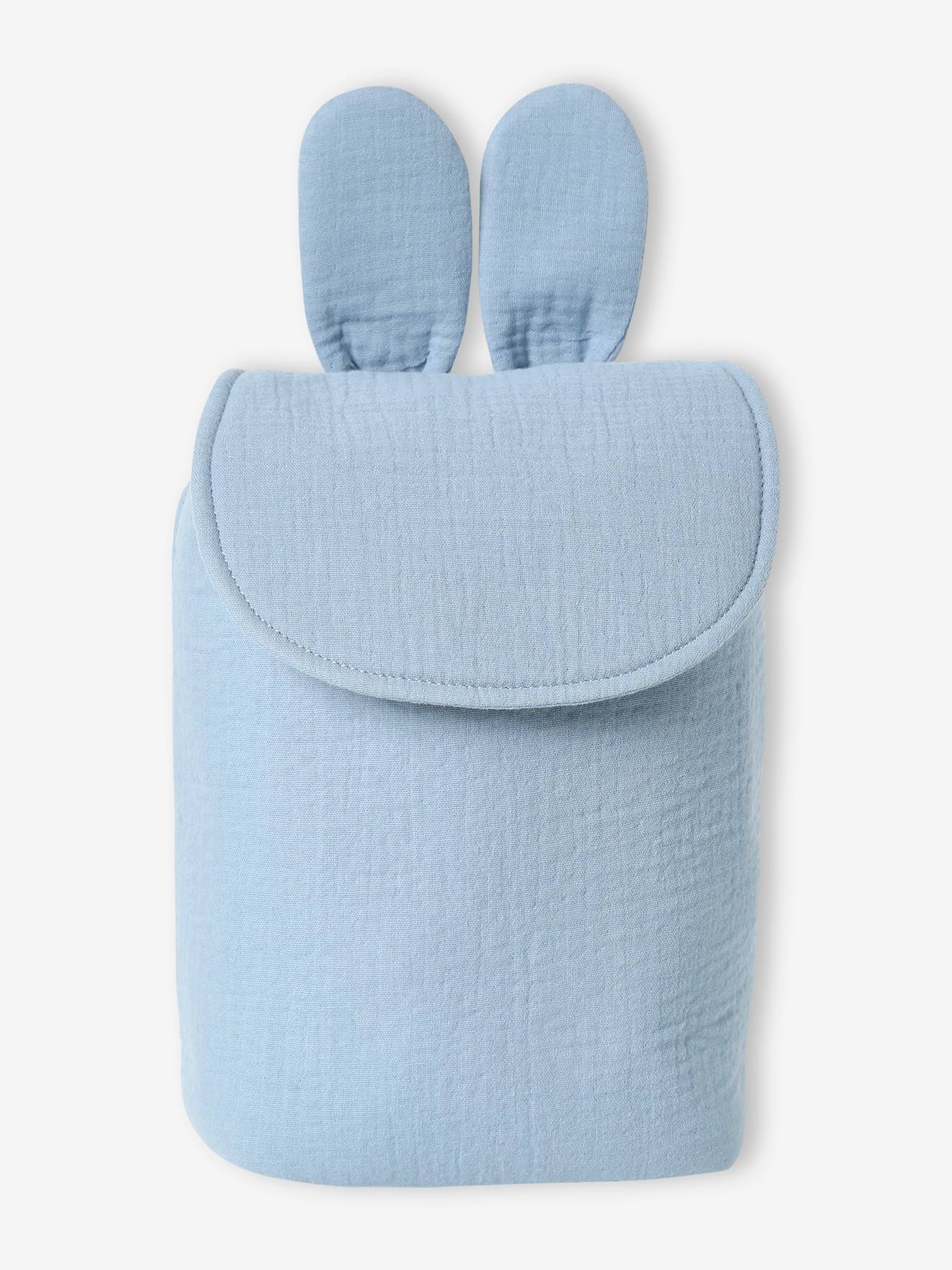 Mochila personalizável feita de tecido azul-acinzentado.
