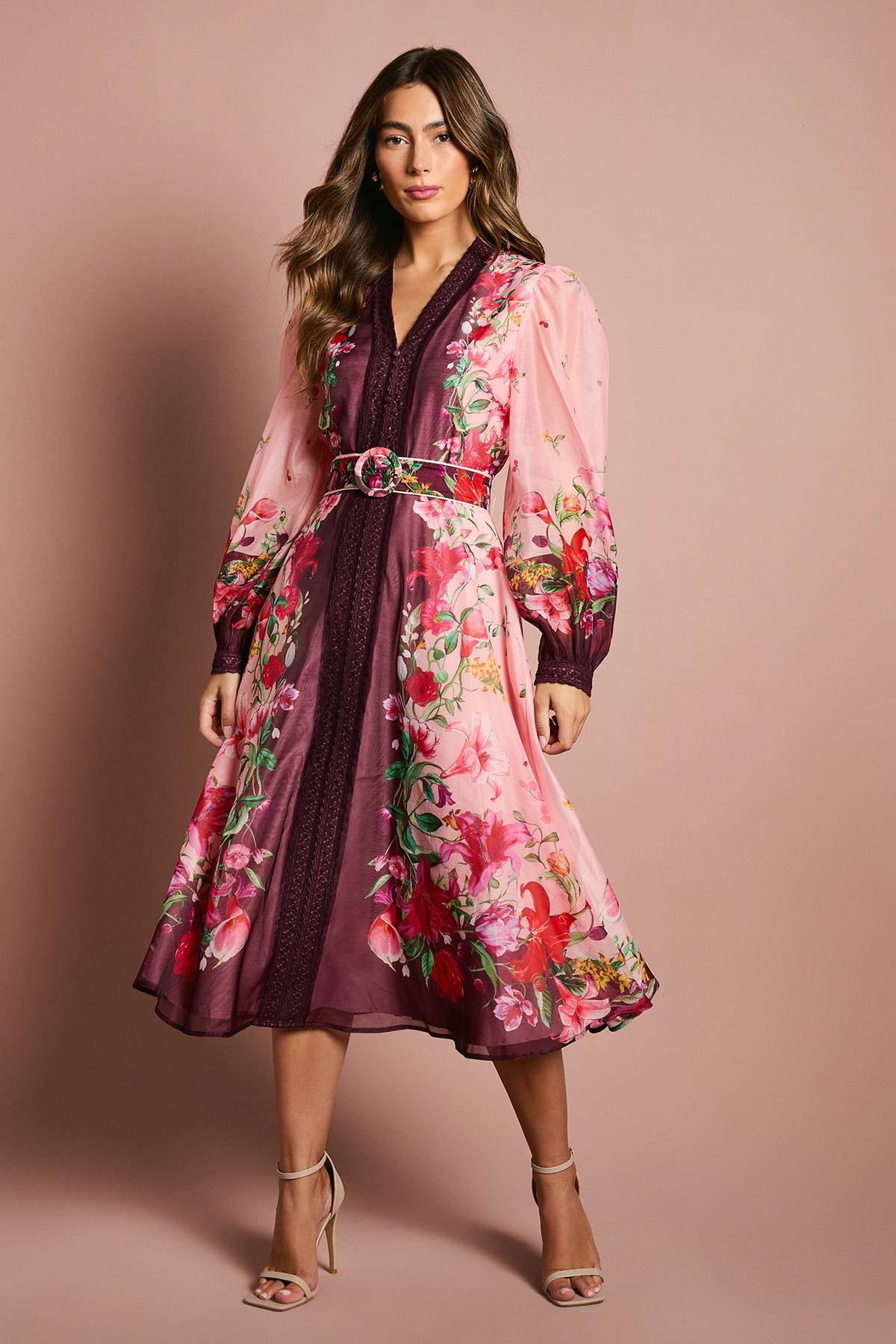Coast Robe Mi-Longue en Organza à Manches Longues avec Ceinture