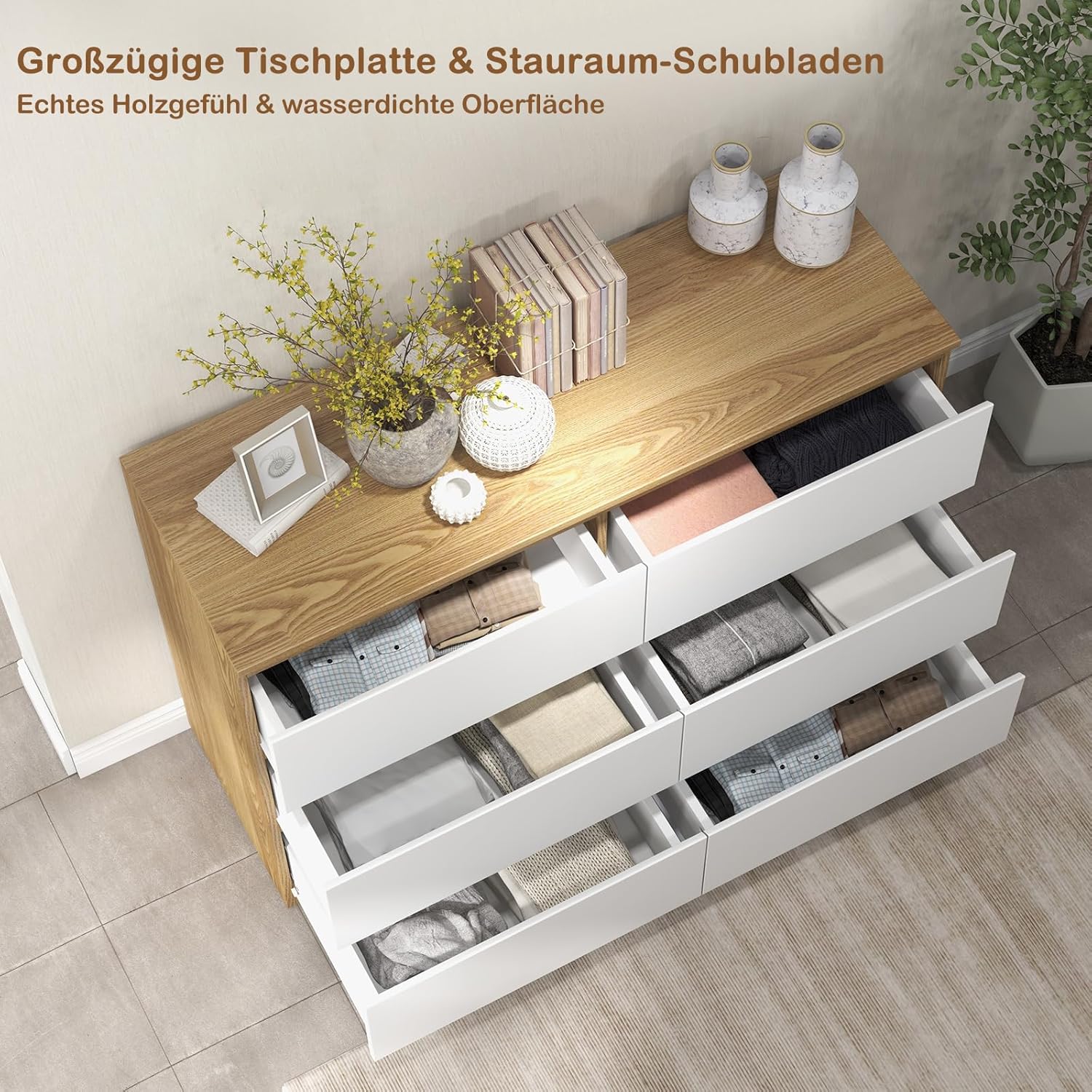 GRAVFORCE Kommode mit 6 Schubladen Sideboard mit Großer Kapazität, Holz Schubladenschrank für Schlafzimmer Wohnzimmer Flur Büro Organizer, 110x38x77
