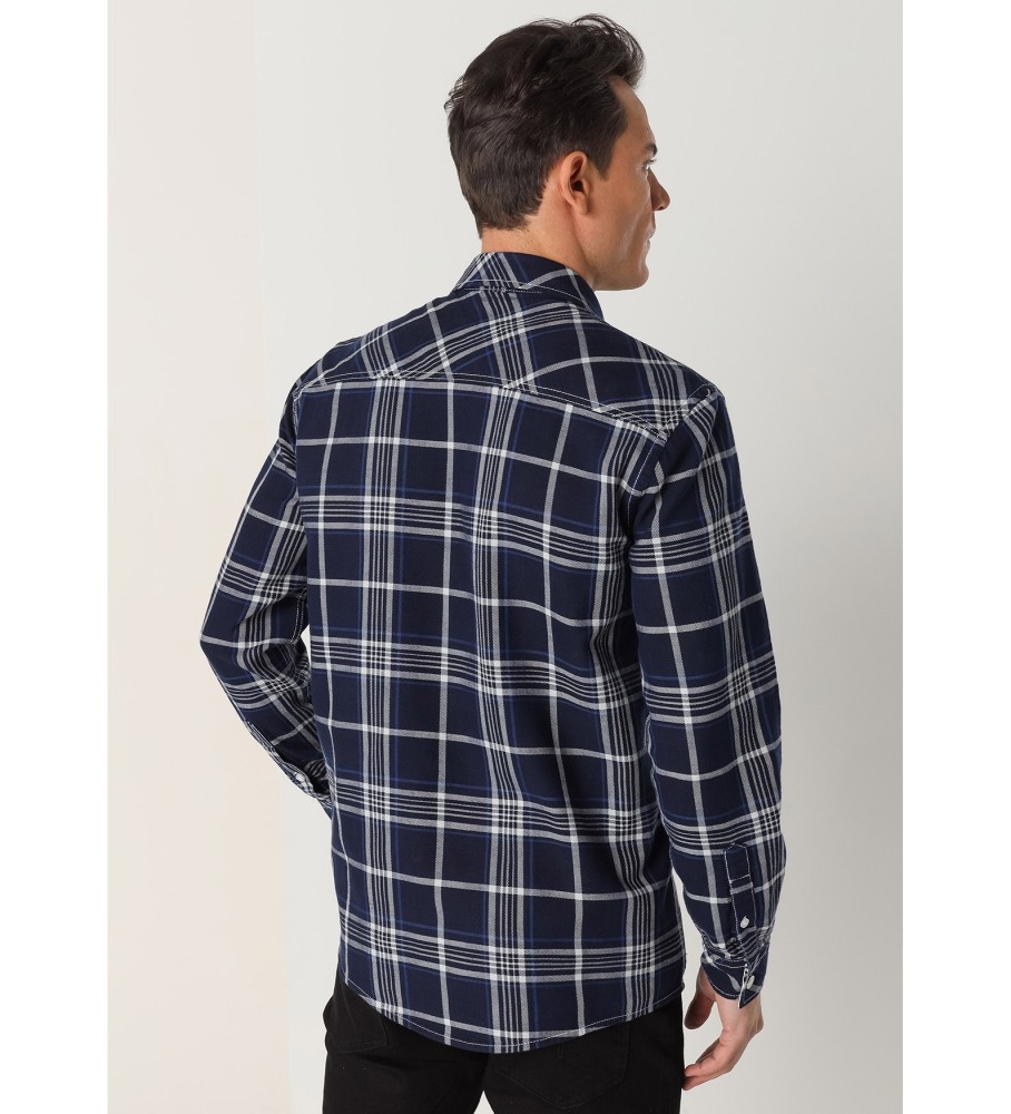 Camisa xadrez Lois acima do joelho com botões metálicos azul-marinho