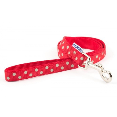Coleira para cães estilo vintage com estampa de bolinhas, vermelha e branca.