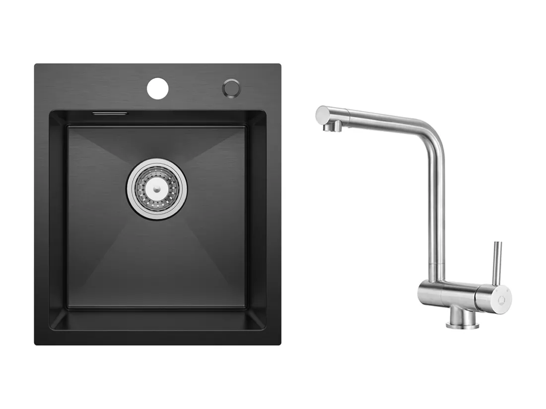 Evier Cuisine 1 Bac Noir Anthracite 40*45*19CM - Évier Inox Évier de Cuisine + Mitigeur de Cuisine Rabattable Brossé