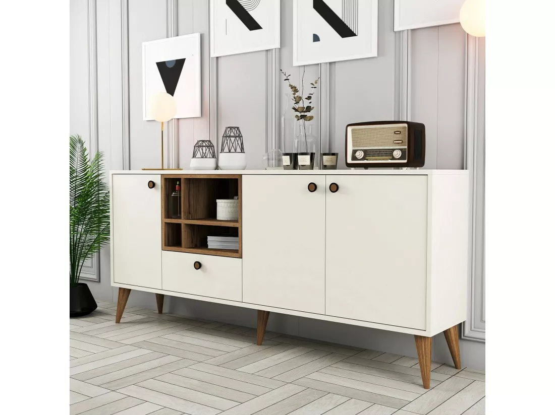 Buffet Dmariniell, Buffet du salon, Commode de salon, Garde-manger de cuisine, 180x35 h81 cm, Crème