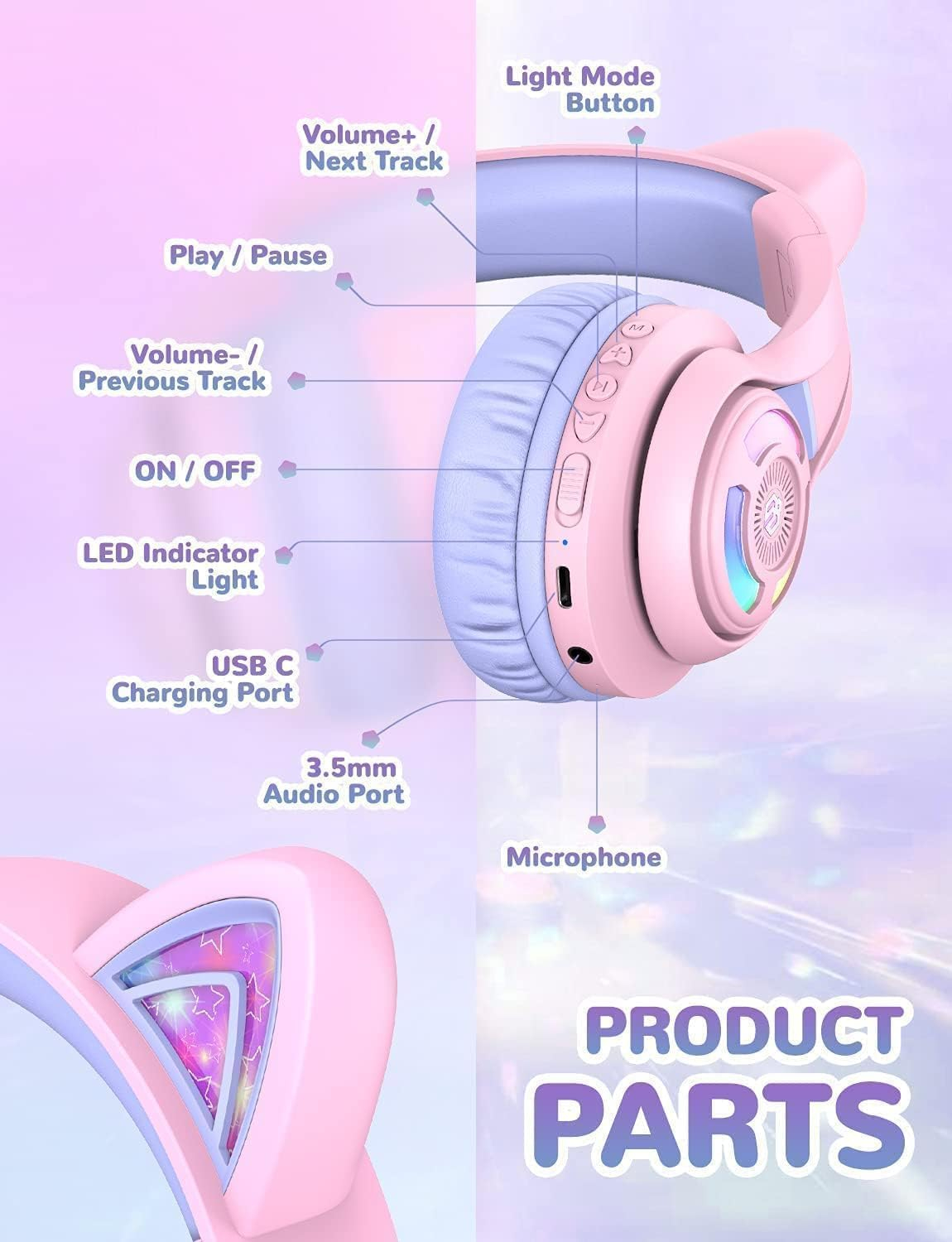 BTH13 Headphone Kids BT LED Bluetooth Kopfhörer Over-Ear 74/85dB Lautstärkeeinstellungen mit Katzenohren (C04-2083N-15) - Rosa / Violett