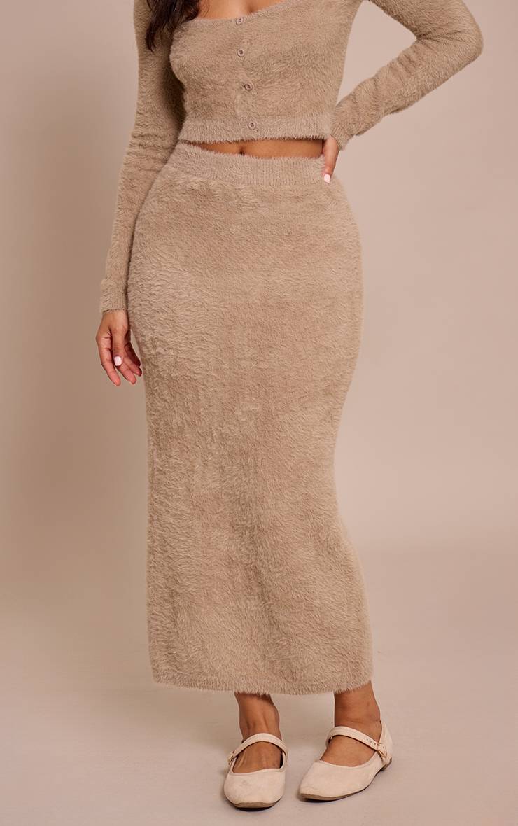 Beige Jupe Longue Taille Basse En Maille Duveteuse Petite