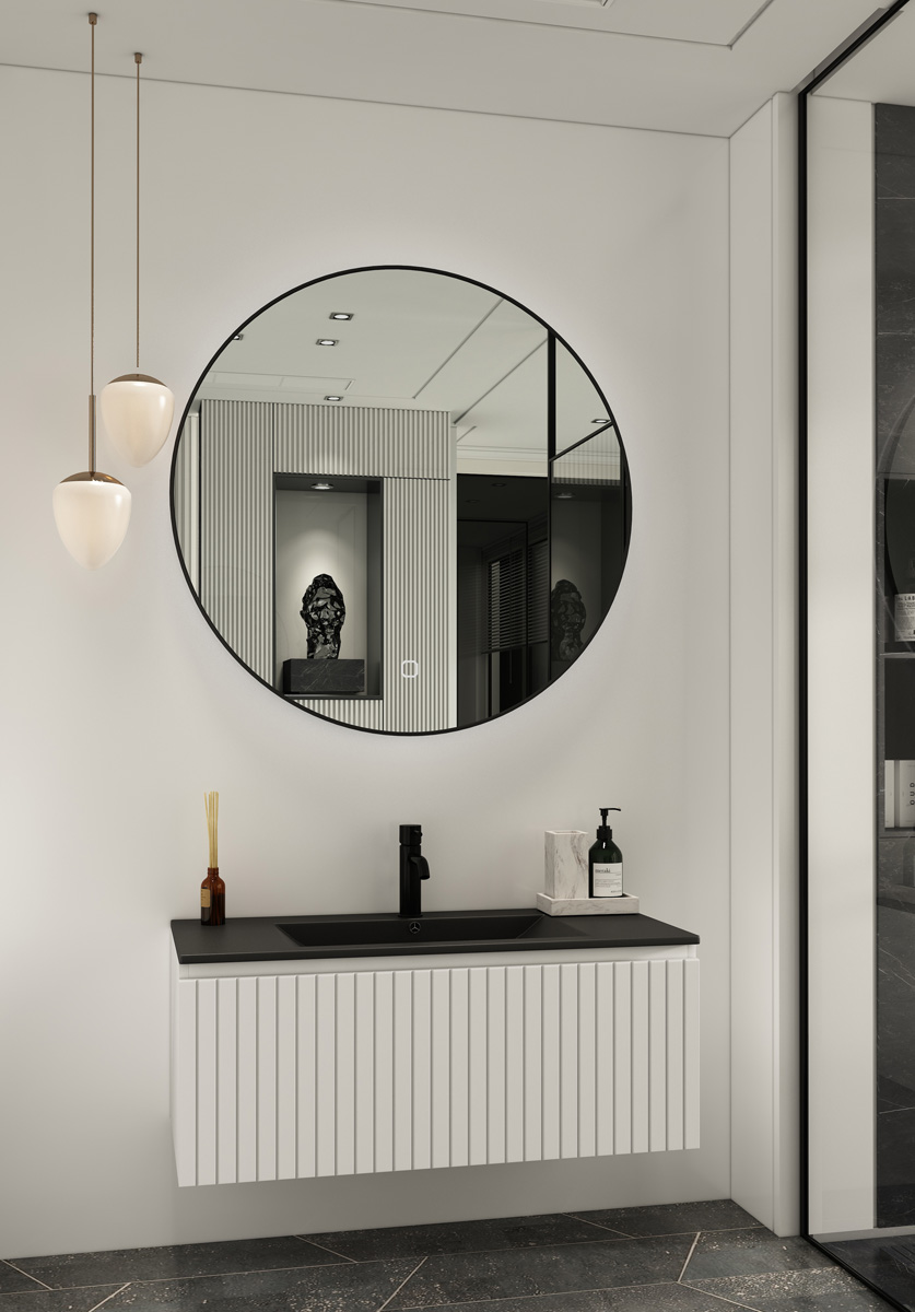 Fontana Lento wit badkamermeubel ribbelfront met zwarte wastafel 100cm 1 kraangat en ronde spiegel