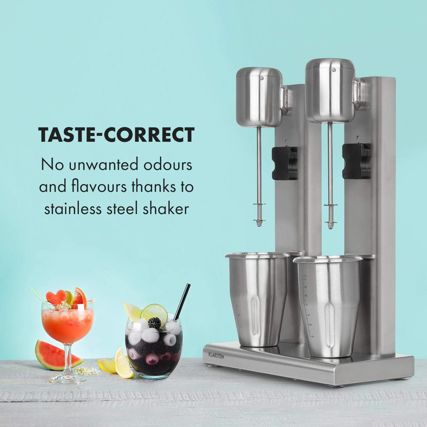 Klarstein Kraftpaket II Pro Doppel Drink Mixer, 160 Watt, 2 x 1 L, 2 Stufen, 20000 U/min, 2 Mixbecher aus Edelstahl, Milk- & Proteinshake, Doppel-Getränkemixer, Cocktail, Bar Mixer, Gastro, silber