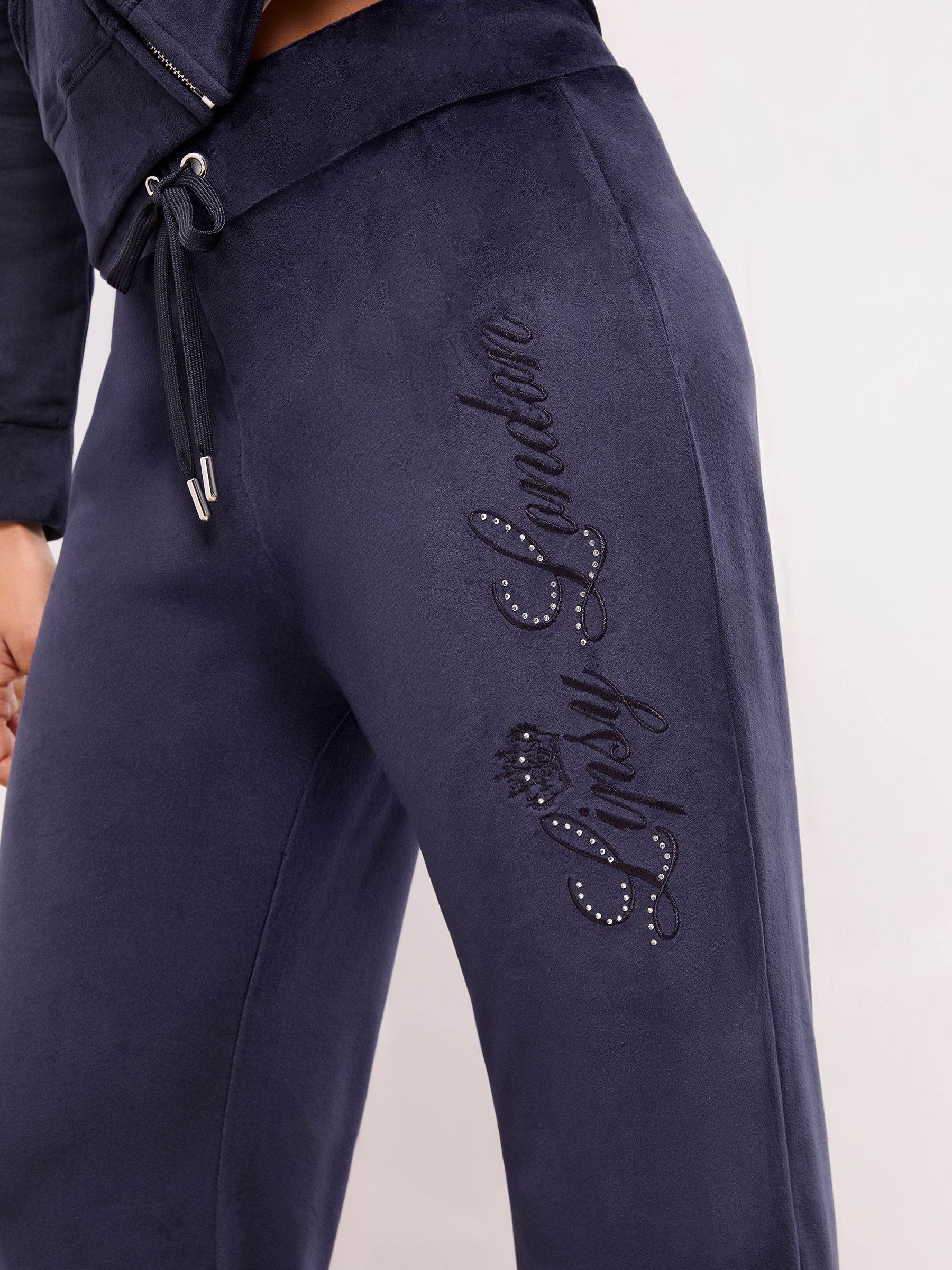 Marineblauw - Lipsy Geborduurde Velours Joggingbroek met Wijde Pijpen en Relaxte Pasvorm