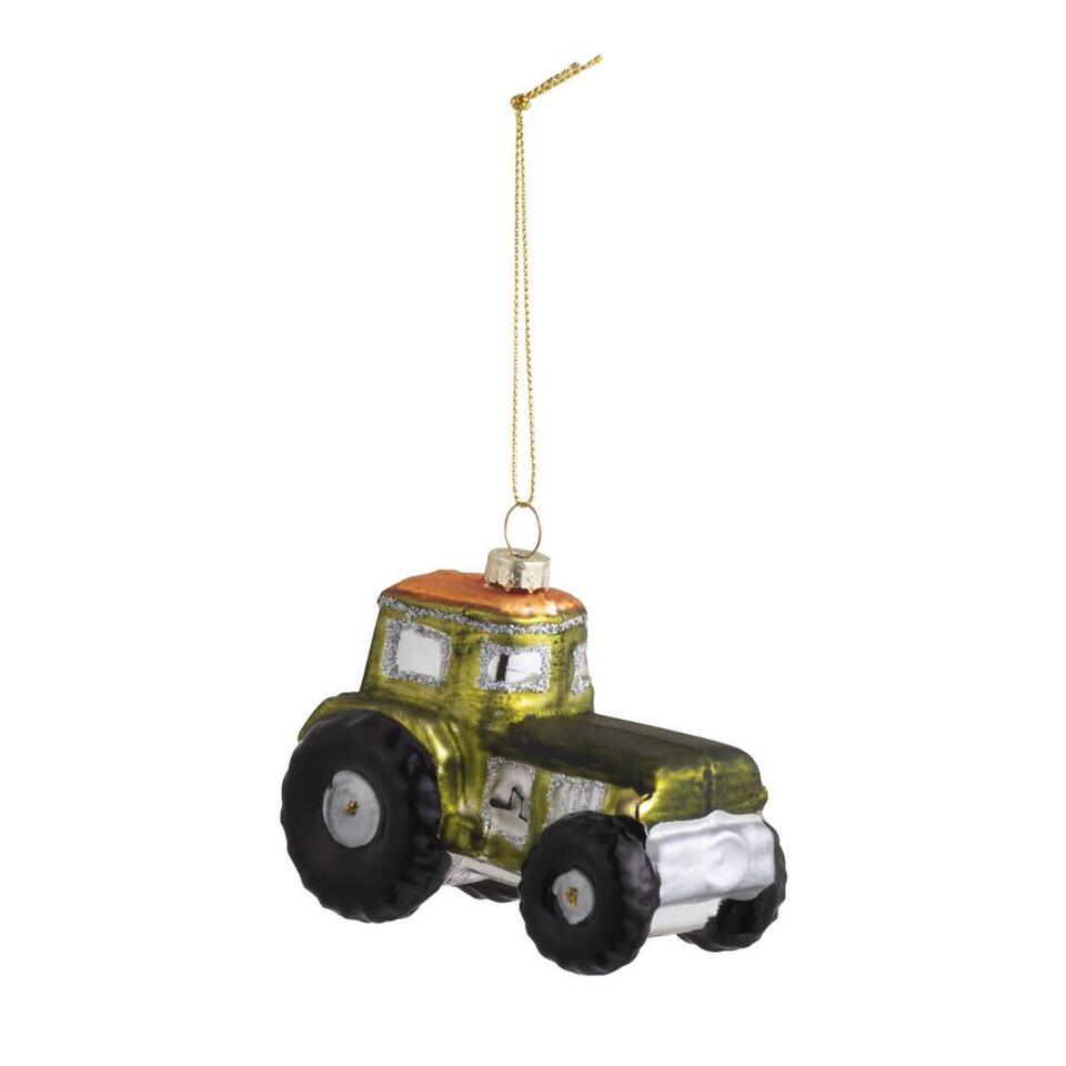 Kerstbal Tractor - groen glas - 8x9,3x5,5 cm