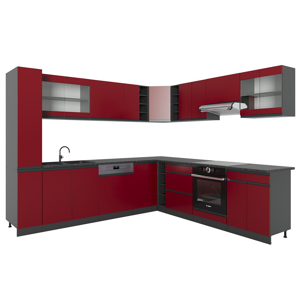 Vicco Eckküche Küchenblock Einbauküche R-Line J-Shape Anthrazit Rot 277x257 cm modern Küchenschränke Küchenmöbel