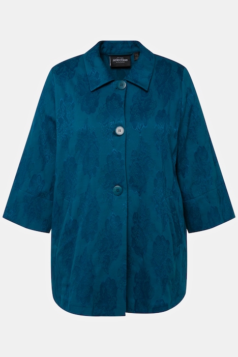 Jacquard-Jacke, Blüten, A-Linie, Hemdkragen, 3/4-Arm